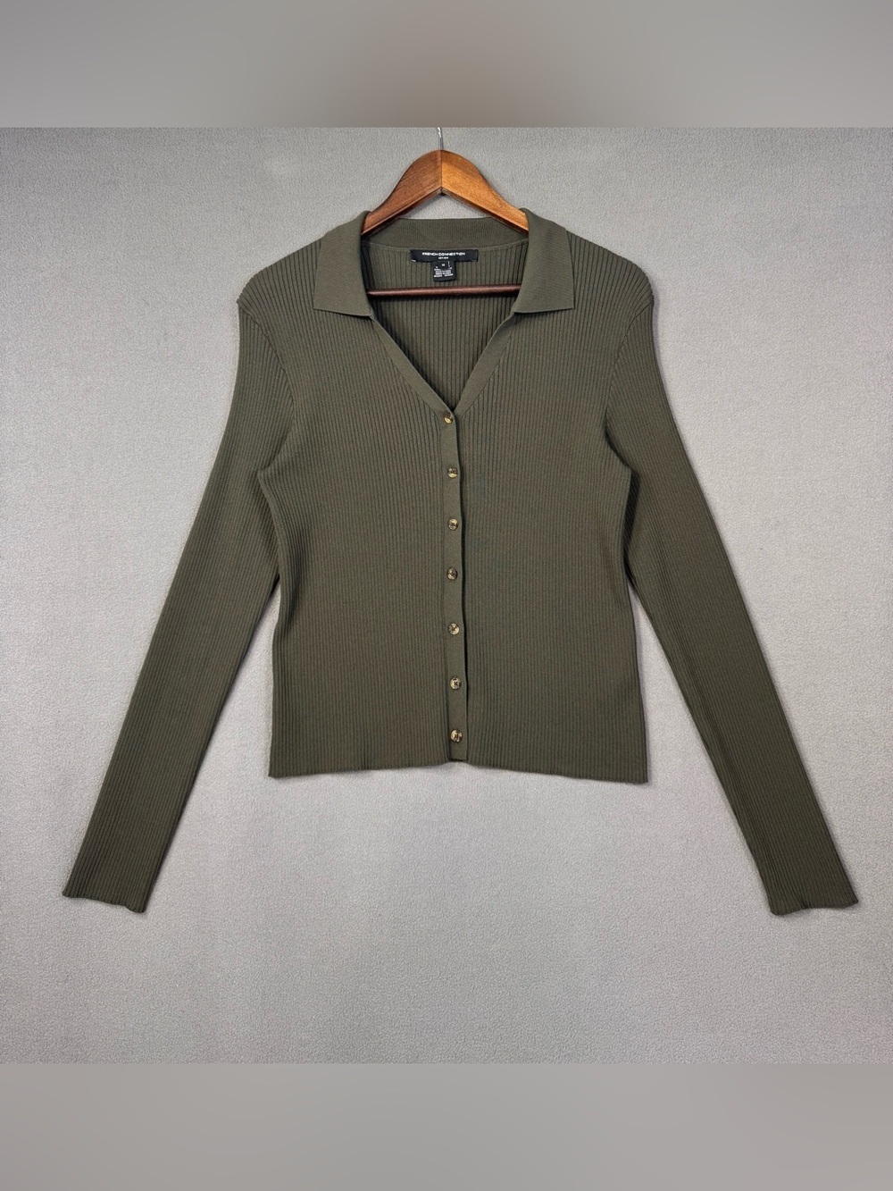 French Connection Olive Button-Front Ribbed Long-Sleeve Collared Top, M